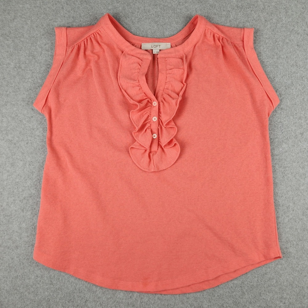 LOFT Coral Ruffle V Neck Sleeveless Top Women's Size M